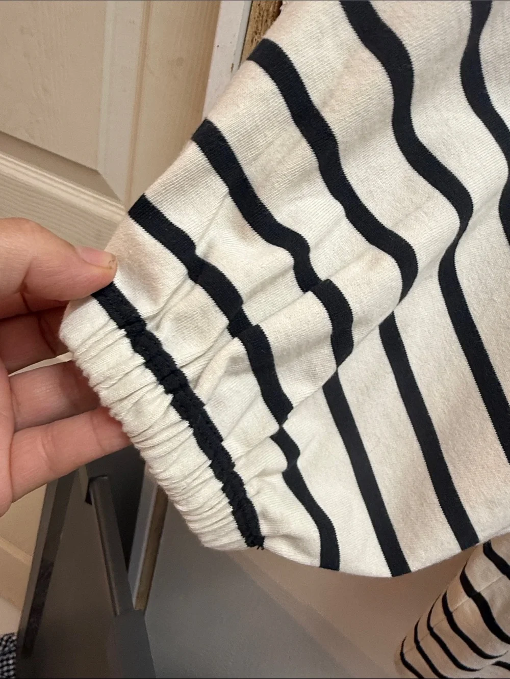 J. Crew Black and White Striped Off-Shoulder Puff Sleeve Top